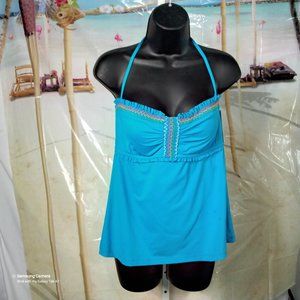 Lucky Brand Blue Embroidered Halter-to-Strapless Empire Tankini Top NWT Med.